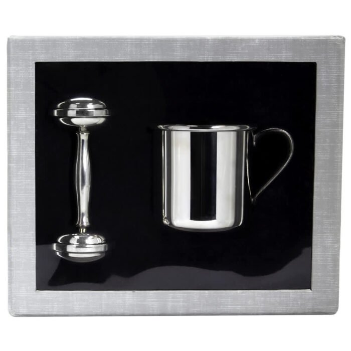 Salisbury Straight Pewter Baby Cup & Rattle Set