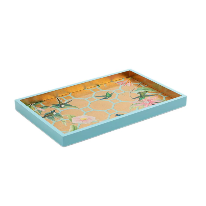 Caspari Small Rectangle Tray Hummingbird Trellis Gold Lacquer